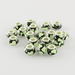 Large Hole Heart Pattern Resin European Beads with Silver Color Plated Brass Double Cores, Rondelle, Green Yellow, 14x9mm, Hole: 5mm