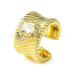 Brass Micro Pave Cubic Zirconia Oval Open Cuff Rings, Wide Band Rings, Real 16K Gold Plated, US Size 7 1/4(17.5mm)