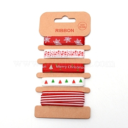 Ensembles de rubans de satin et gros-grain imprimés en polyester, pour l'emballage cadeau de Noël, Motif à thème de Noël, cramoisi, 3/8~5/8 pouce (10 mm ~ 16 mm), 1m / style, 5 modèles, 5m / set