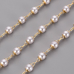 Handmade Brass Cable Chains, with ABS Plastic Imitation Pearl Beads, Soldered, with Spool, Real 18K Gold Plated, 2.5x1x0.2mm, about 16.4 Feet(5m)/roll