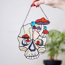 Crâne acrylique teinté d'Halloween avec plan de fenêtre d'art champignon, pour les attrape-soleil, ornements suspendus pour fenêtre et maison, blanc, 150x150mm