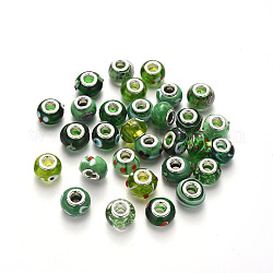 Handmade Lampwork European Beads, Large Hole Rondelle Beads, with Platinum Tone Brass Double Cores, Mix Pattern, Green, 14~16x9~10mm, Hole: 5mm