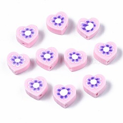 Manuell Polymer Ton Perlen, Herz mit Blumenmuster, rosa, 9x9~10x4~5 mm, Bohrung: 1.5 mm