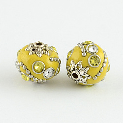 Handmade Indonesia Beads, with Alloy Cores, Round, Antique Silver, Yellow, 15x14x14mm, Hole: 2mm
