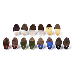 Resin & Walnut Wood Stud Earring Findings, with 304 Stainless Steel Pin, Oval, Mixed Color, 16x9mm, Hole: 1.8mm, Pin: 0.7mm