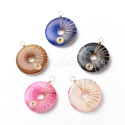 Natural Striped Agate/Banded Agate Pendants, Dyed, with Eco-Friendly Copper Wire Wrapped, Donut/Pi Disc Charm, Mixed Color, Real 18K Gold Plated, 36x30x5mm, Hole: 4mm