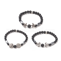 3pcs 3 style pierre de lave naturelle et ensemble de bracelets extensibles en perles d'onyx noir, bracelets empilables en alliage étoile de mer & tortue & coquille pour femme, diamètre intérieur: 2 pouce (5.2 cm), 1pc / style