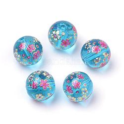 Perles en verre imprimées, ronde avec motif de fleurs, Dodger bleu, 11~12x11mm, Trou: 1.5mm