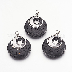 Pendentifs en pierre de lave naturelle, avec les accessoires en laiton de tonalité de platine, plat rond avec la lune et étoile, teinte, 32x28x7mm, Trou: 4x5mm