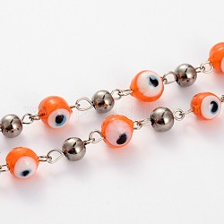 Main mauvais oeil perles rondes de Murano chaînes pour création de colliers bracelets, avec des perles de verre rondes plaquées et une épingle à oeil en fer platine, non soudée, orange, 39.3 pouce