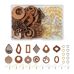 Kit de fabrication de boucles d'oreilles géométriques diy, y compris les pendentifs en bois de noyer naturel rhombus & teardrop & vortex, crochets et anneaux de saut en laiton, couleur mixte, 144 pcs / boîte
