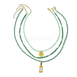 3 Stück 3-teilige Halsketten mit Anhänger aus legiertem Emaille, Set mit Glasperlenketten, Klee & Flasche, grün, 16.22~20.83 Zoll (41.2~52.9 cm), 1pc / style