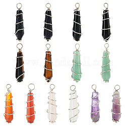 14Pcs 7 Colors Natural & Synthetic Mixed Gemstone Pointed Pendants, Faceted Bullet Charms, with Platinum Plated Brass Wire Wrapped, 35x9x8mm, Hole: 3.5mm, 2pcs/color