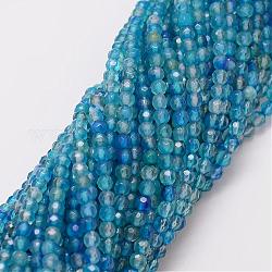 Chapelets de perles d'agate naturelle, teinte, facette, ronde, cyan, 4mm, Trou: 0.8mm, Environ 90~92 pcs/chapelet, 14 pouce