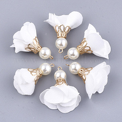 Colgantes de hierro, Con tela y abs plástico imitación perla., flor, dorado, blanco, 25~32x15~25mm, agujero: 1~4 mm