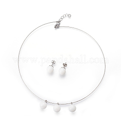 (vente d'usine de fêtes de bijoux) 304 boucles d'oreilles en acier inoxydable et colliers pendentifs ensembles de bijoux, avec des billes en plastique, blanc, 15.55 pouce (39.5 cm), 10mm, pin: 0.7 mm