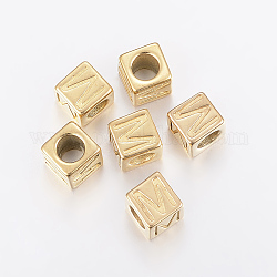 304 perline europee di grandi dimensioni in acciaio inossidabile, foro orizzontale, cubo con letter.m, oro, 8x8x8mm, Foro: 5 mm