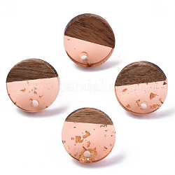 Transparent Resin & Walnut Wood Stud Earring Findings, with 304 Stainless Steel Pin and Gold Foil, Flat Round, Light Salmon, 14mm, Hole: 1.8mm, Pin: 0.7mm