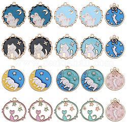 SUNNYCLUE 20Pcs 10 Styles Alloy Enamel Pendants, with Crystal Rhinestone, Light Gold, Flat Round with Rabbit & Cat, Mixed Color, 23.5~26.5x22~23.5x1.5~2.5mm, Hole: 1.5~1.6mm, 2pcs/style