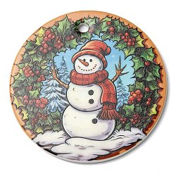 Рождественские печатные фарфоровые большие подвески ручной работы, плоский круглый шарм, снеговик, 76x3.5 мм, отверстие : 5 мм