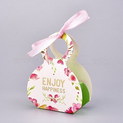 Handtaschenform Süßigkeiten Verpackungsschachtel, Hochzeitsfeier Geschenkbox, mit Band, Boxen, Wort genießen Glücksmuster, lime green, 3.5xx9.7x13.2cm, Entfalten: 29.8x25.2x0.03cm, Band: 40.4x1 cm