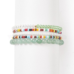 Ensembles de bracelets en perles extensibles en verre à facettes et aventurine verte naturelle, bracelets de perles de rocaille de bohême pour les femmes, diamètre intérieur: 2-1/8~2-1/4 pouce (5.5~5.8 cm), 5 pièces / kit