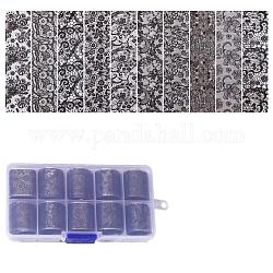 10Rolls 10 Styles Nail Art Transfer Stickers, Nail Decals, DIY Nail Tips Decoration for Wedding, Lace Pattern, Black, 25mm, 1m/roll