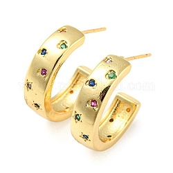 Rack Plating Brass C Shape Stud Earrings with Colorful Cubic Zirconia, Half Hoop Earrings for Women, Cadmium Free & Lead Free, Long-Lasting Plated, Real 18K Gold Plated, 19.5x5.5mm