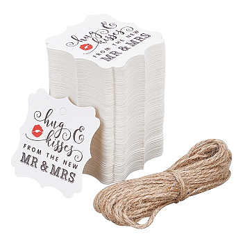 Paper Tapes, with Hemp Ropes, Word Pattern Hug & Kisses From the New Mr & Mrs, White, 62x62x0.5mm, Hole: 5mm, 100pcs