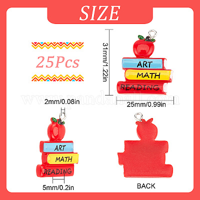 SUNNYCLUE 1 Box 25pcs Teacher Charms Resin School Best Teacher Student Charm Flat Back Red Apple Charm Book Charms for Jewellery