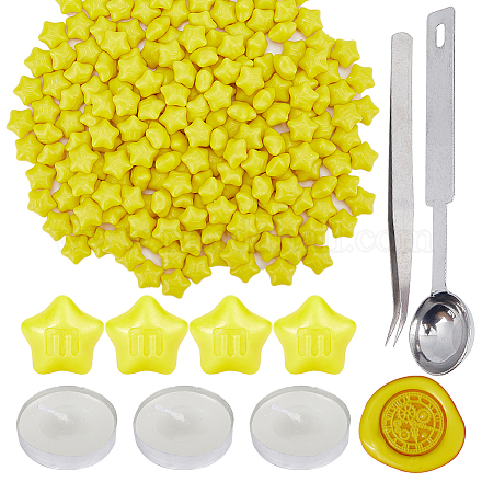 CRASPIRE 200Pcs Star Wax Sealing Beads Yellow Wax Seal Beads Set with 1Pc Spoon and 3Pcs Candles and 1Pc Tweezers for Retro Seal Stamp Wine Packages Gift Wrapping Wedding Invitations Letter Sealing DIY-CP0009-30-1