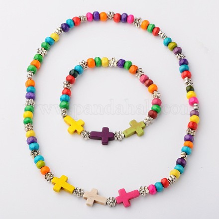 Ensembles de bijoux stretch en perles de rondelle en bois teint: bracelets et colliers SJEW-JS00766-06-1