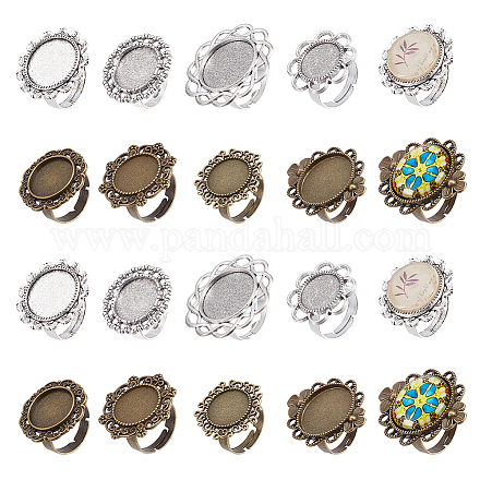 Nbeads 32Pcs 8 Style Vintage Adjustable Iron Flower Finger Ring Components with Alloy Cabochon Bezel Settings DIY-NB0008-14-1