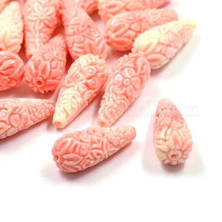 Craved Flower Teardrop Dyed Synthetical Coral Beads CORA-P001-12-50mm-1