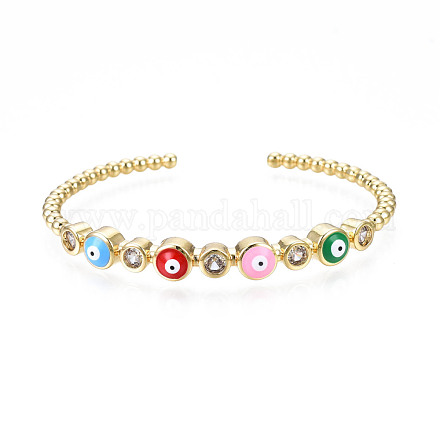 Enamel Flat Round with Evil Eye Open Cuff Bangle with Clear Cubic Zirconia BJEW-N012-021C-1