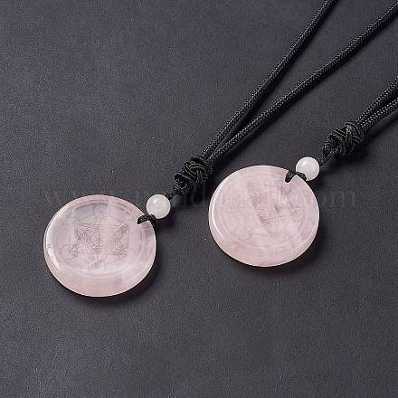 Ожерелье из натурального розового кварца плоское круглое с шестигранной подвеской и нейлоновым шнуром для женщин NJEW-P274-05-06-1