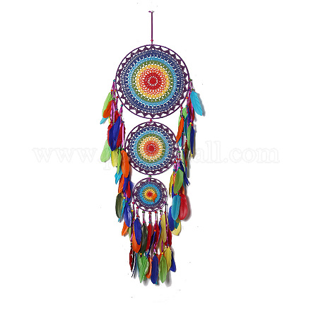 インド風の鉄織りウェブ/ネット、羽のペンダント装飾付き  綿コードぶら下げ家の壁の装飾  カラフル  1100x350mm PW-WG84324-01-1