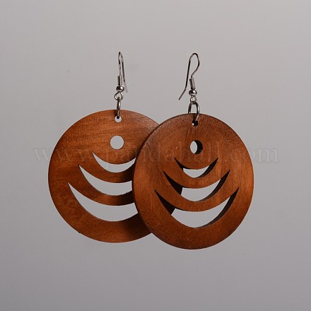 Flat Round Hollow Wood Dangle Earrings EJEW-F0090-03F-1