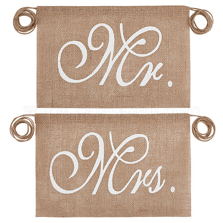 CRASPIRE Mr and Mrs Chair Banner Rustic Burlap Bride & Groom Chair Signs Bride Chair Decor AJEW-WH0258-452-1
