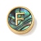 Brass Beads, with Resin Imitation Paua Shell, Flat Round, Real 14K Gold Plated, Letter F, 13.5x4mm, Hole: 1.6mm