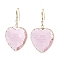 Glass Heart Dangle Earrings, Light Gold Brass Earrings, Pink, 49x28mm