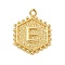 Brass Pendants, Hexagon Letter Charms, Letter E, 20x16x2.5mm, Hole: 1.5mm