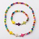 Ensembles de bijoux stretch en perles de rondelle en bois teint: bracelets et colliers SJEW-JS00766-06-1