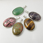 Gemstone Pendants, with Brass Findings, Oval, Platinum, Mixed Gemstone, Mixed Color, 41x27.5x7.5mm, Hole: 3x6mm