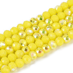Hilos de cuentas redondas de vidrio opaco chapadas en color AB, facetados, amarillo, 4.5x3.5mm, agujero: 0.7~1 mm, aproximamente 108~116 pcs / cadena, 14.76~16.73'' (37.5~42.5 cm)