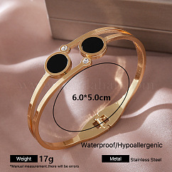 Brazaletes articulados de acero inoxidable 304 con micro pavé de circonitas cúbicas transparentes y esmalte negro para mujer., dorado, plano y redondo, diámetro interior: 2.36 pulgada (6 cm)