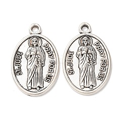 Colgantes de aleación de estilo tibetano religioso, Óvalo con dijes de San Judas, sin plomo y el cadmio, plata antigua, 26x16.5x3mm, agujero: 1.5 mm, aproximamente 307 unidades / 1000 g