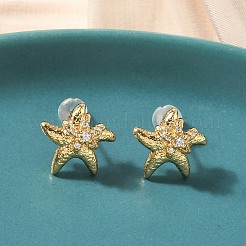 Серьги-гвоздики из латуни с микропаве из прозрачных кубических цирконий в виде морских звезд&nbsp;EJEW-Z152-03G