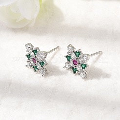 Серьги-гвоздики из латуни с микропаве из кубических цирконий в форме ромба&nbsp;EJEW-L306-02P