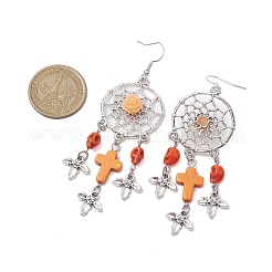 4 par de pendientes colgantes de turquesa sintética de 4 colores con red/red tejida con cruz y calavera&nbsp;EJEW-JE05865